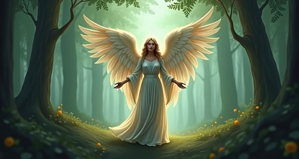  a serene angel in flowy robes standing calm in the center of an enchanted forest while chaos swirls around. unintentional influencer, tranquil amidst turmoil, ethereal serenity.. the style is digital art illustration,highly detailed, whimsical,magical, dreamlike atmosphere, realism and fantasy blend, smooth, glossy textures,luminous quality, wonder and enchantment.