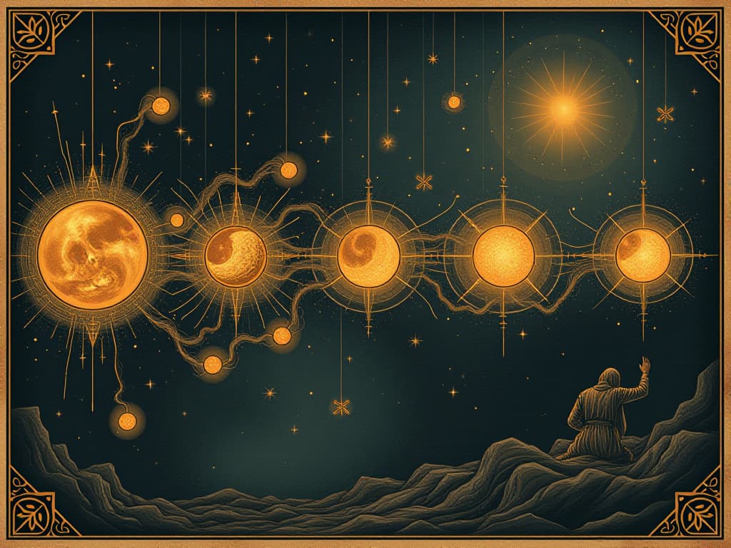  a timeline of interconnected events, each moment depicted as a glowing orb, flowing seamlessly into one another, sense of continuity and evolution, dynamic and fluid. an illustration in the style of a worn, mystical old tarot trump card, mysterious and elements of surrealism. the colors are muted, somber and eerie, but with contrast bring out an occult and esoteric vibe.