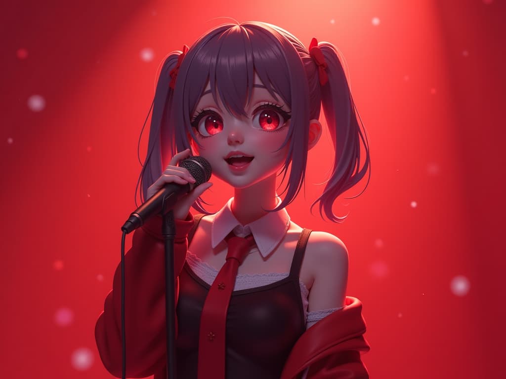  an anime character doing karaoke with red background hyperrealistic, full body, detailed clothing, highly detailed, cinematic lighting, stunningly beautiful, intricate, sharp focus, f/1. 8, 85mm, (centered image composition), (professionally color graded), ((bright soft diffused light)), volumetric fog, trending on instagram, trending on tumblr, HDR 4K, 8K