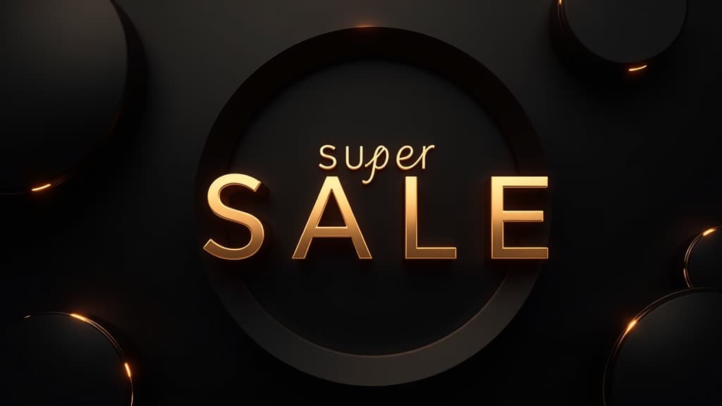  advertising style, stock photo, corporate branding style the inscription "super sale" in gold letters on a black background of gradient circles ar 16:9 . professional, clean, modern, product focused, commercial, eye catching, minimalist, business oriented, highly detailed