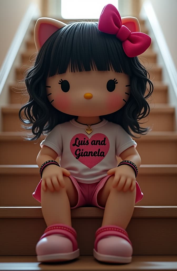  hello kitty with a shirt that says luis and gianela inside a heart, bracelets on her wrists, a necklace with a heart, pink bows on her ears, wavy black hair that reaches her neck. sitting on a staircase wearing shorts hyperrealistic, full body, detailed clothing, highly detailed, cinematic lighting, stunningly beautiful, intricate, sharp focus, f/1. 8, 85mm, (centered image composition), (professionally color graded), ((bright soft diffused light)), volumetric fog, trending on instagram, trending on tumblr, HDR 4K, 8K