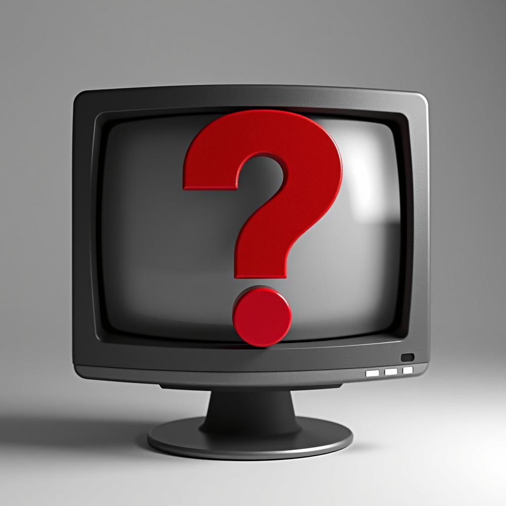  a question mark is sticking out of the monitor; the photo is black and white, while the monitor is color, and the question mark is red.