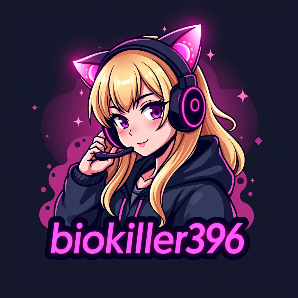  design a logo, blonde gamer girl with a cat ear headset with pink lights and smoke , with the text 'biokiller396'.