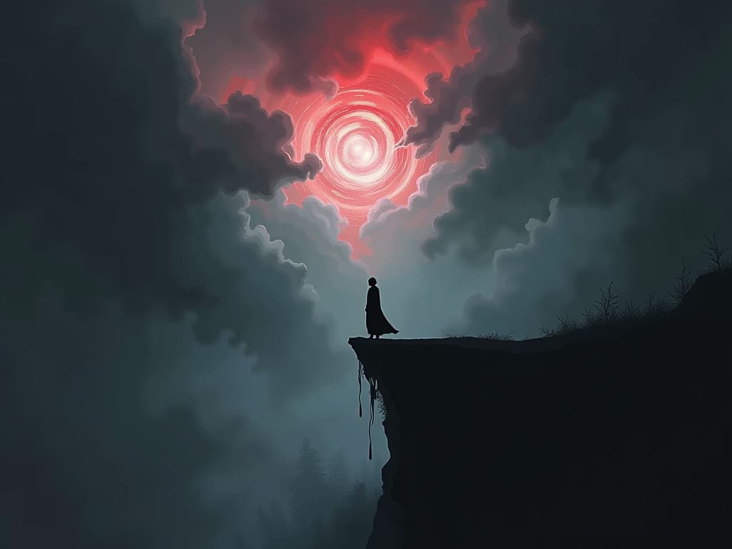  a solitary figure silhouetted against a turbulent sky, standing on a narrow bridge, symbols of internal conflict and growth in the surroundings, a stormy yet hopeful vibe.. the style is dark fantasy and mysterious occult, symbolic, moody lighting, esoteric vibe,high detail on character design. for the color scheme emphasize blacks and reds.