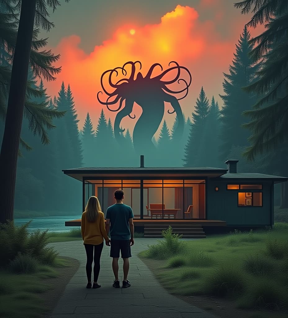  a man and woman stand in front of a glass and wood mid century modern cabin is in wooded clearing, behind the cabin is a blue running river, the clouds are an orange and red, in the clouds is a tentacled monster in the style of stranger things