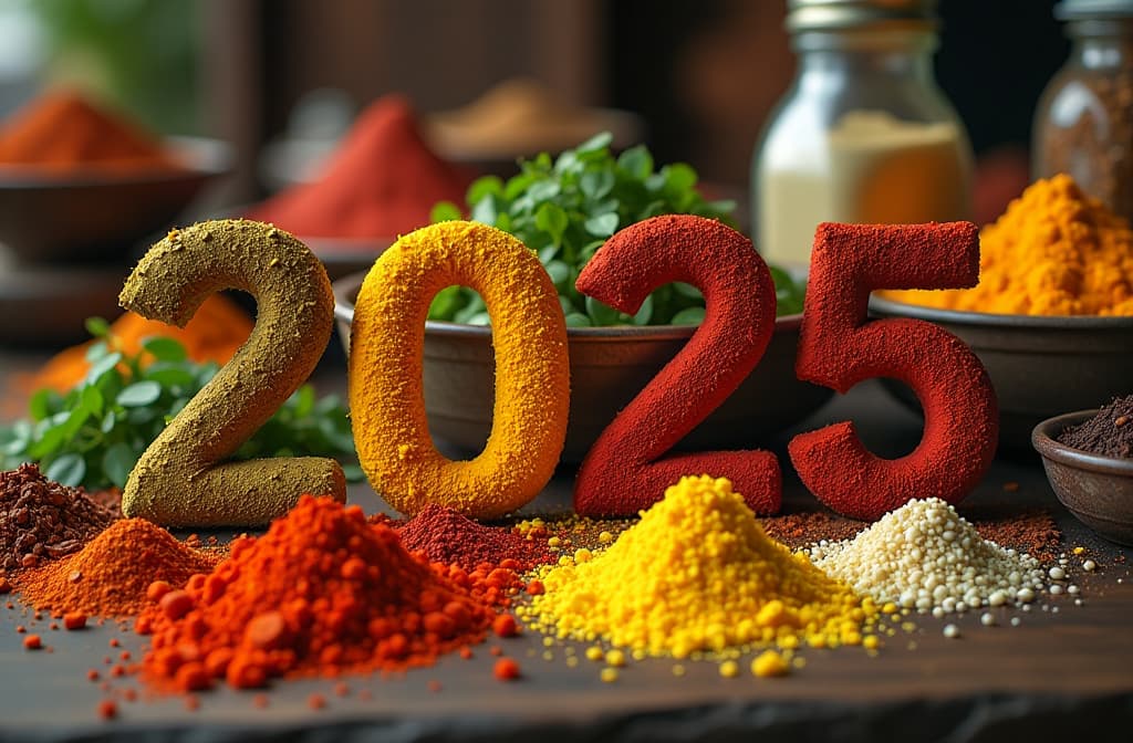  text "2025” created from colorful spices and herbs, placed on a vibrant indian market stall {prompt}, maximum details