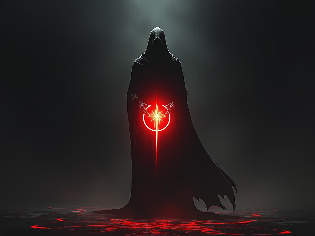  simple contrast of a glowing figure radiating integrity, dark figure in the background, tense and shadowy backdrop, emphasis on the stark difference.. the style is dark fantasy and mysterious occult, symbolic, moody lighting, esoteric vibe,high detail on character design. for the color scheme emphasize blacks and reds.