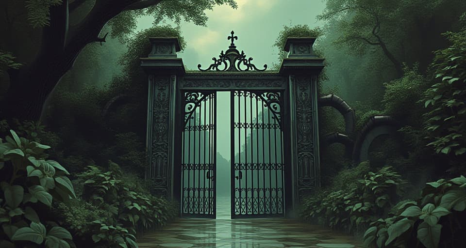  a fortified gate surrounded by dense, protective foliage, unyielding iron bars, sense of impenetrability, security and strength. an illustration in the style of a worn, mystical old tarot trump card, mysterious and elements of surrealism. the colors are muted, somber and eerie, but with contrast bring out an occult and esoteric vibe.