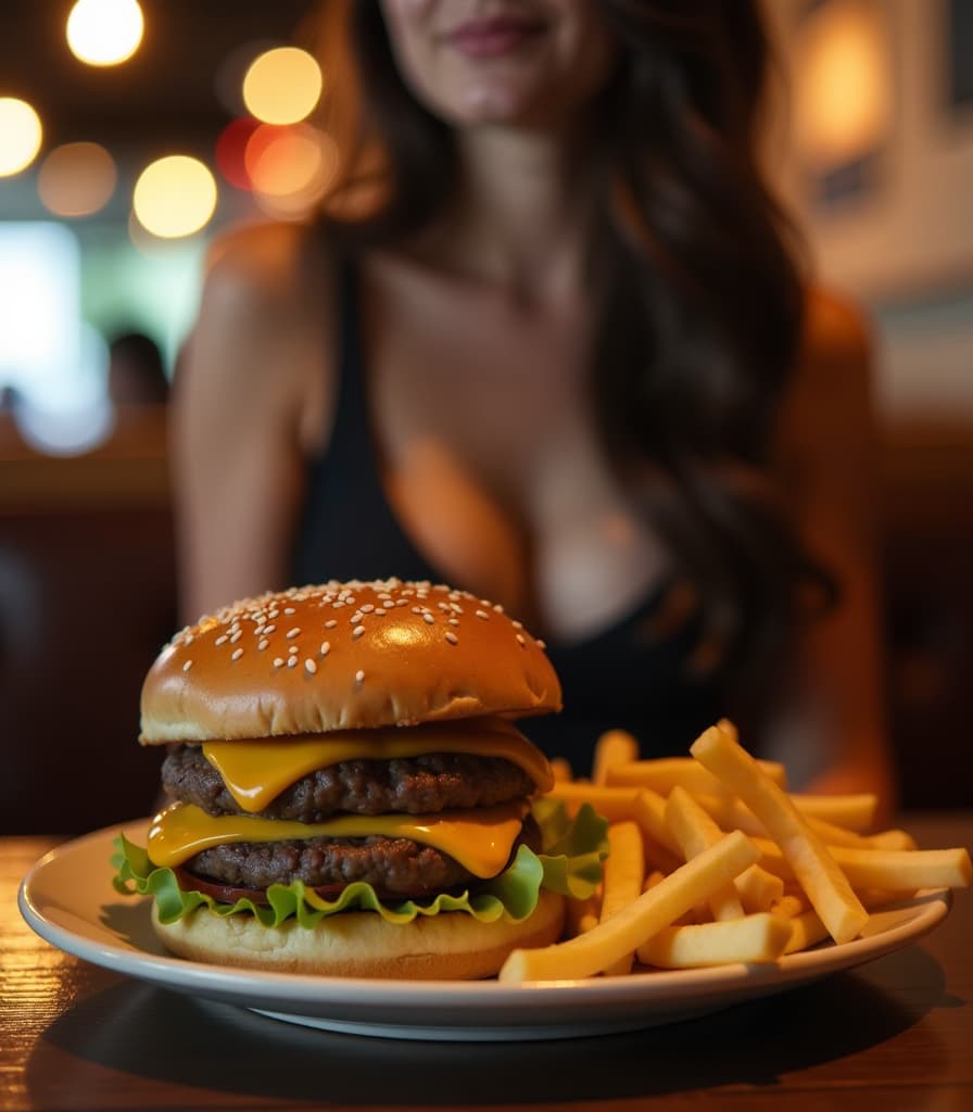  close up of a cheeseburger and french fries on a table in a restaurant, a woman in the background wearing a tank top with a plunging neckline, long brunette hair, dimly lit, bokeh, aidmaexperimentalphotography