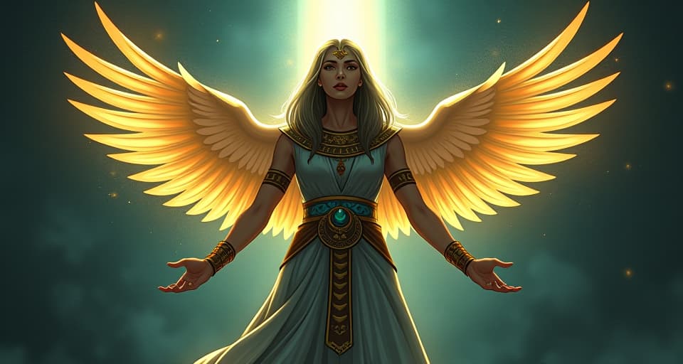  a serene figure radiating light, effortless aura, divine essence, surrounded by darkness, power of intrinsic light. the style is digital art illustration / modern comic book / mysterious occult, symbolic, esoteric vibe,high detail on character design, incorporating ancient egyptian symbology and attire.