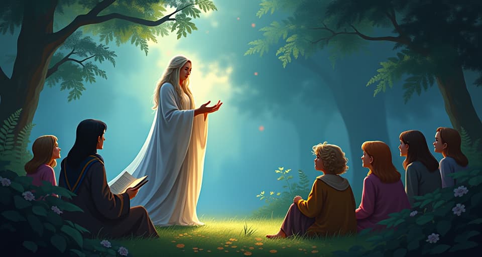  an ethereal storyteller in flowing robes, narrating to a group of eager listeners in an enchanted glade. the scene is lively and filled with wonder, symbolizing a story for generations.. the style is digital art illustration,highly detailed, whimsical,magical, dreamlike atmosphere, realism and fantasy blend, smooth, glossy textures,luminous quality, wonder and enchantment.