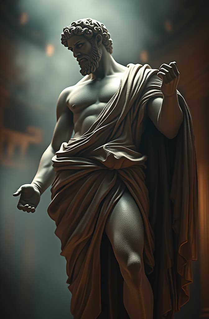  male greek god statue hyperrealistic, full body, detailed clothing, highly detailed, cinematic lighting, stunningly beautiful, intricate, sharp focus, f/1. 8, 85mm, (centered image composition), (professionally color graded), ((bright soft diffused light)), volumetric fog, trending on instagram, trending on tumblr, HDR 4K, 8K