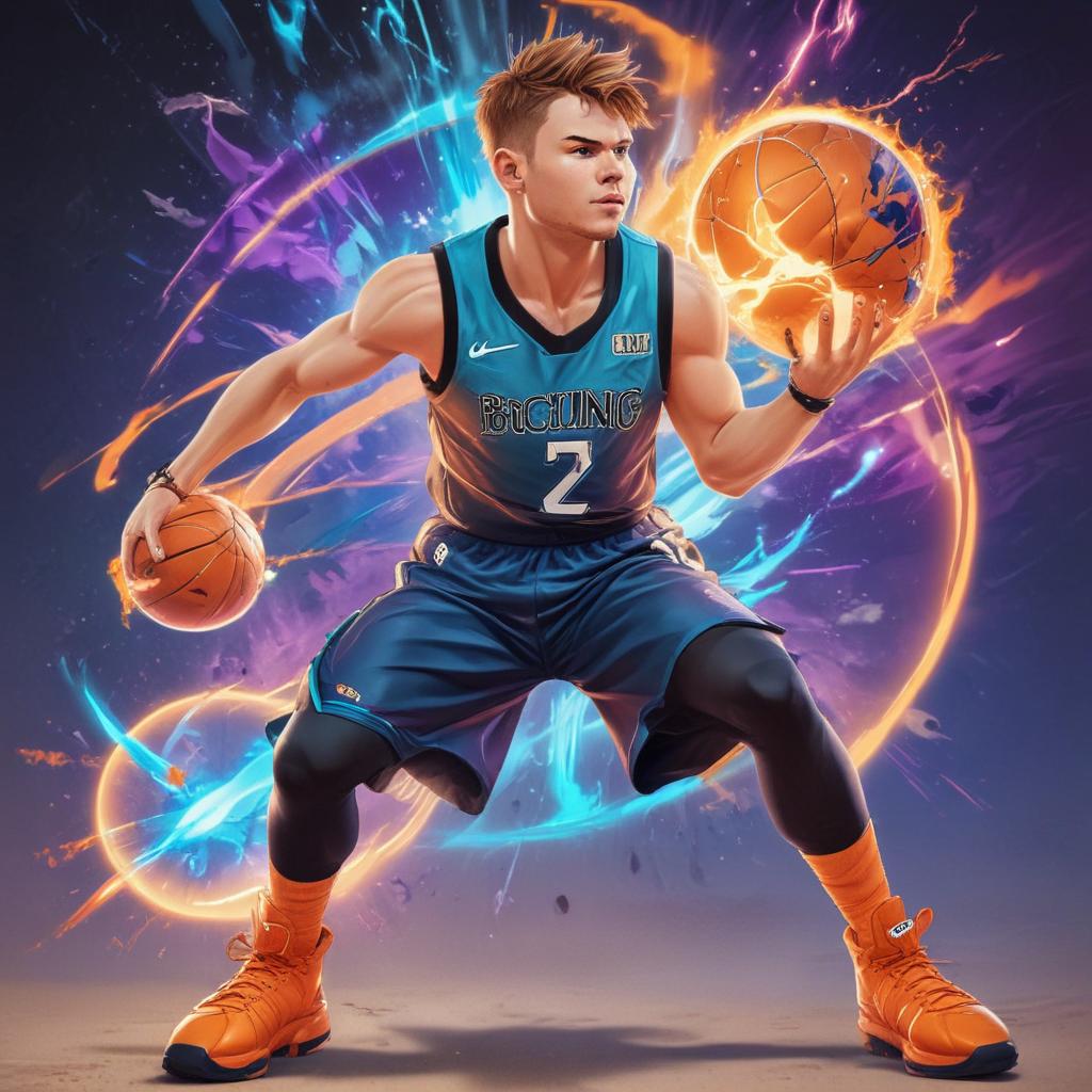 distance-shot, flashy, full-body, dynamic, holographic, animated cartoon poster of luka doncic in the style of dragon ball super