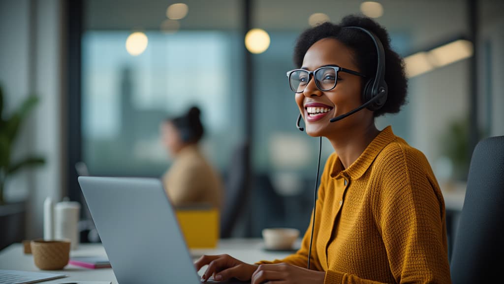  happy african call center agent wearing headset talking to client working in customer support office. professional contract service telemarketing operator using laptop having conversation. ar 16:9 {prompt}, maximum details