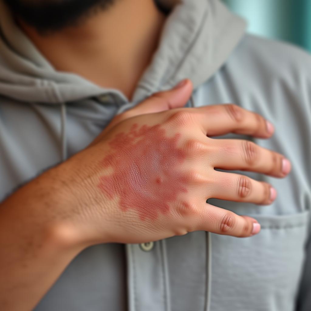  a guy with psoriasis on his palm.