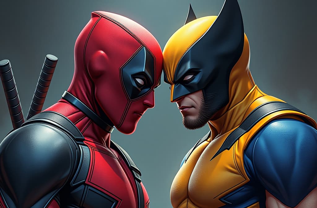  deadpool and wolverine, ilustracion personaje, hd, full color, anime, high quality high detail painting by lucian freud, hd, photorealistic lighting, style of van gogh hyperrealistic, full body, detailed clothing, highly detailed, cinematic lighting, stunningly beautiful, intricate, sharp focus, f/1. 8, 85mm, (centered image composition), (professionally color graded), ((bright soft diffused light)), volumetric fog, trending on instagram, trending on tumblr, HDR 4K, 8K