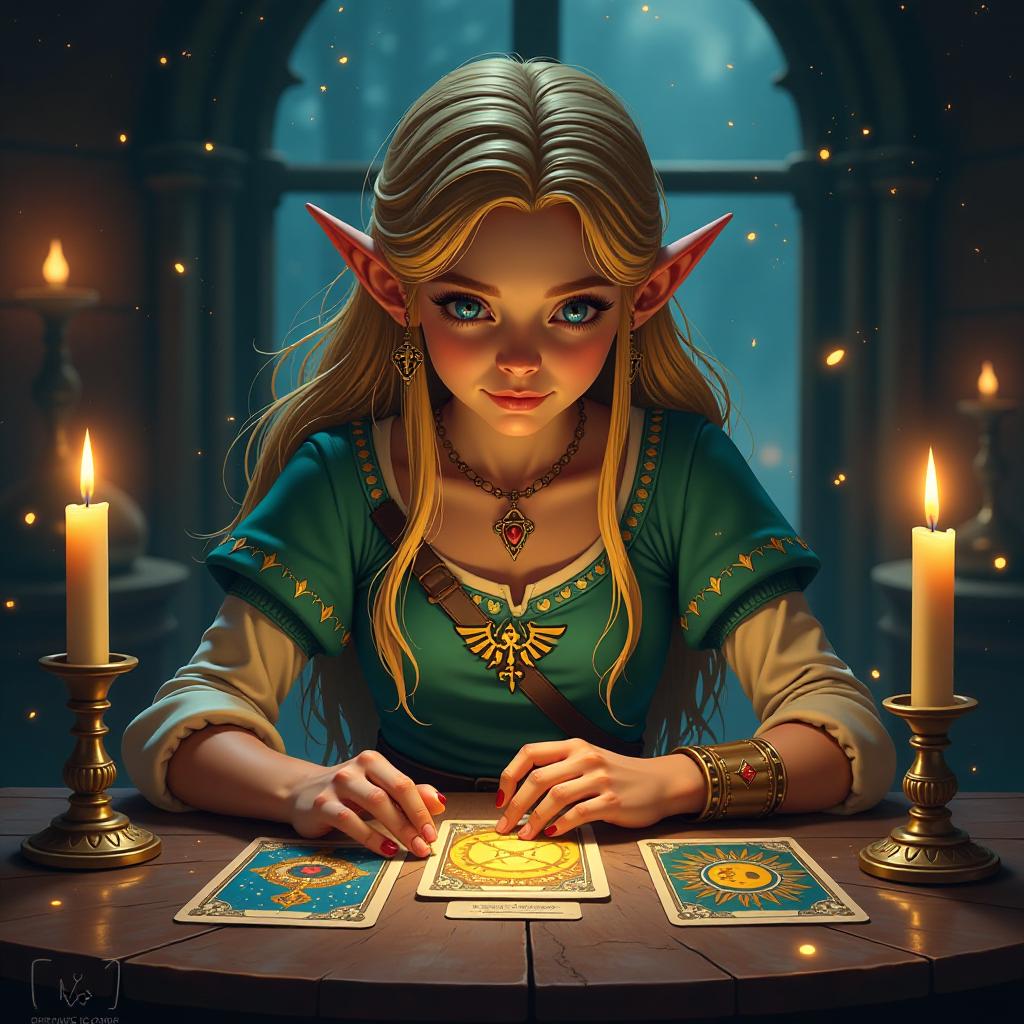  legend of zelda style girl man guesses on the tarot face, on the table 4 cards, stars, candles, mystery, magic . vibrant, fantasy, detailed, epic, heroic, reminiscent of the legend of zelda series