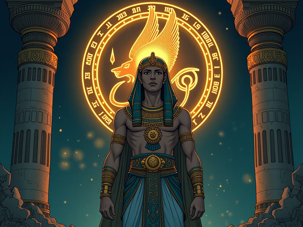  ancient egyptian symbols etched into stone, glowing with the energy of aquarius, a sense of bold conviction and innovation, atmosphere electric with change. the style is digital art illustration / modern comic book / mysterious occult, symbolic, esoteric vibe,high detail on character design, incorporating ancient egyptian symbology and attire.