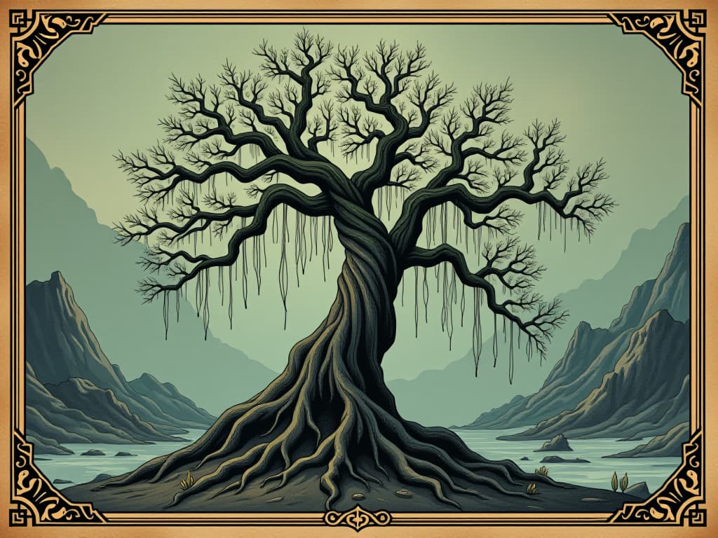  arctic willow, thriving amidst challenges, intricate roots, icy winds, rugged landscape, resilience personified, strength within adversity. an illustration in the style of a worn, mystical old tarot trump card, mysterious and elements of surrealism. the colors are muted, somber and eerie, but with contrast bring out an occult and esoteric vibe.