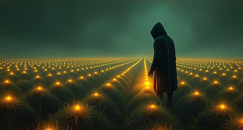  a figure planting seeds in a glowing field, each seed emitting a faint light, fertile, rewarding. an illustration in the style of a worn, mystical old tarot trump card, mysterious and elements of surrealism. the colors are muted, somber and eerie, but with contrast bring out an occult and esoteric vibe.