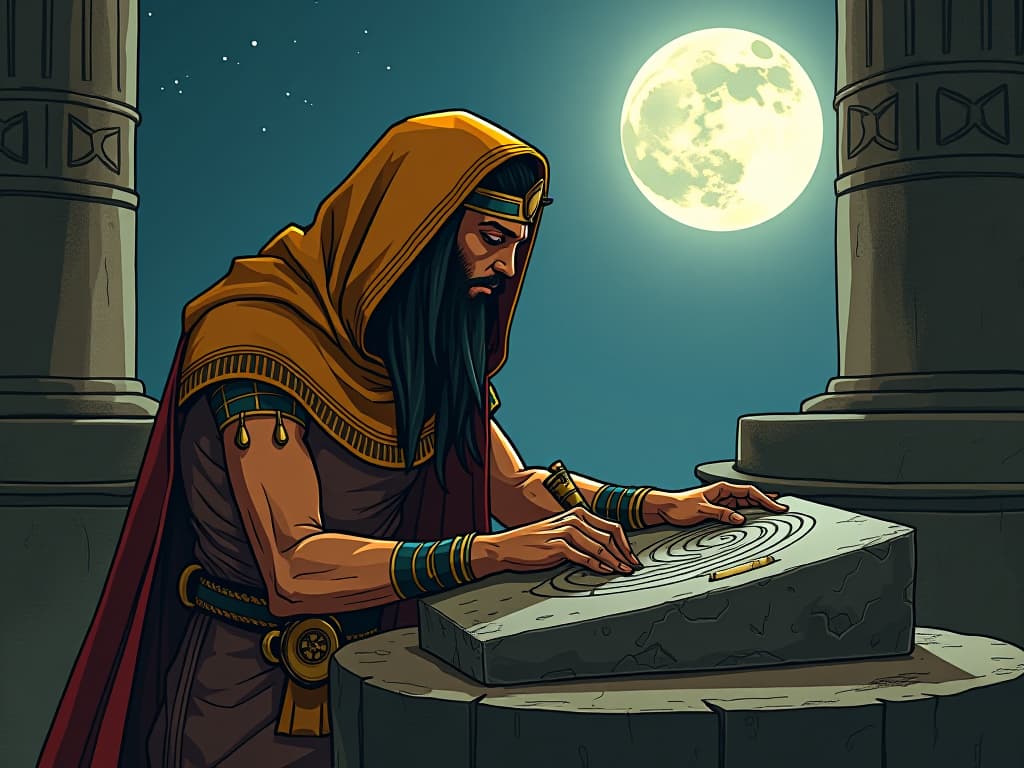  ancient egyptian scholar in tight robes, chiseling an intricate symbol onto a stone tablet under the full moon, scene of creative absorption. the style is digital art illustration / modern comic book / mysterious occult, symbolic, esoteric vibe,high detail on character design, incorporating ancient egyptian symbology and attire.