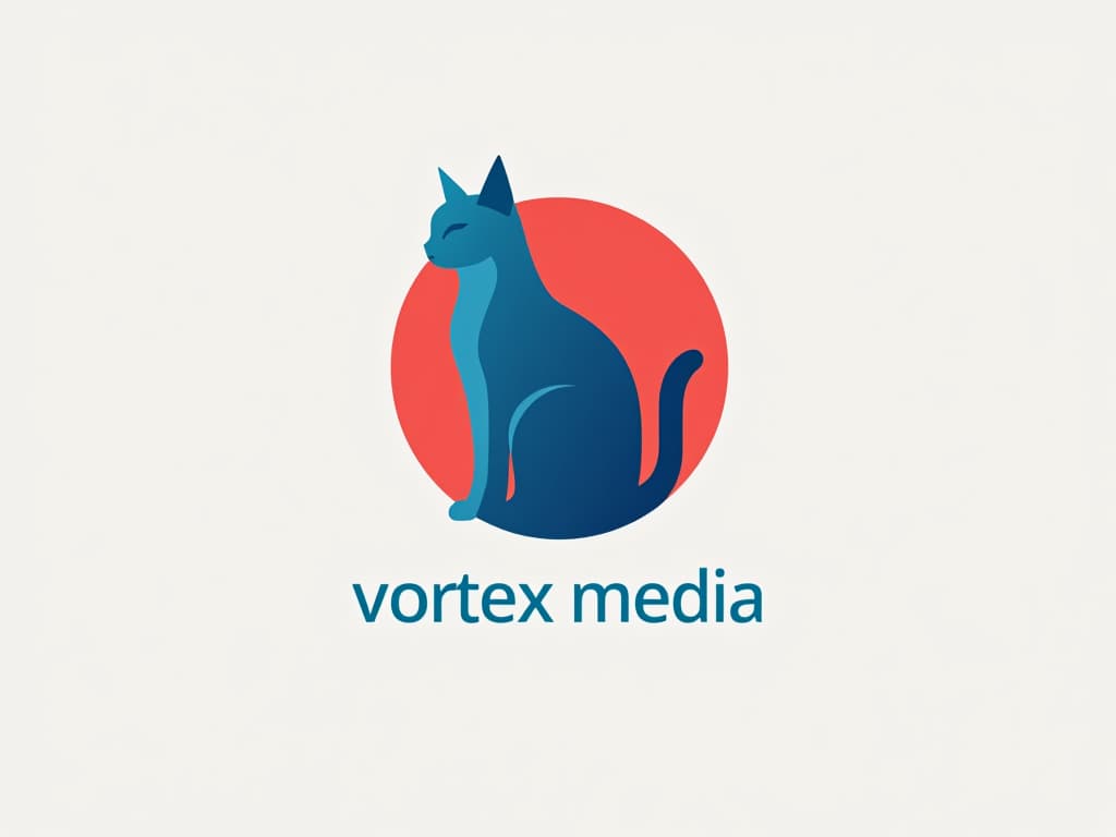  design a logo, minimalistic logo of a cat, blue and red background, with the text 'vortex media'.