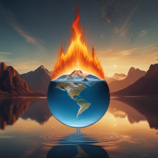 An image of flat earth within a droplet of fire falling through the air into water in Surrealist style with Mountains background