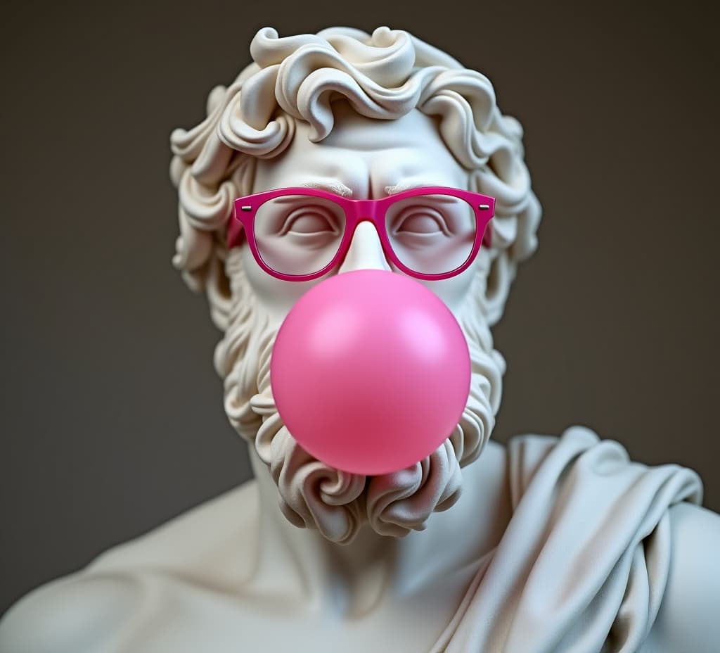  greek sculpture of zeus wearing pink glasses with an inflated pink bubble gum bubble.