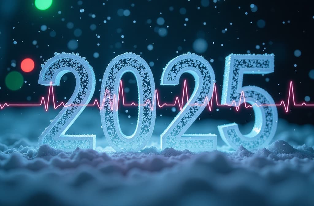  the numbers “2025” have a heartbeat monitor line running through part of the digits, like a flowing wave. the numbers are in a mix of light blue and white, with snowflakes around them and glowing green and red lights in the background, giving a wintery medical feel {prompt}, maximum details