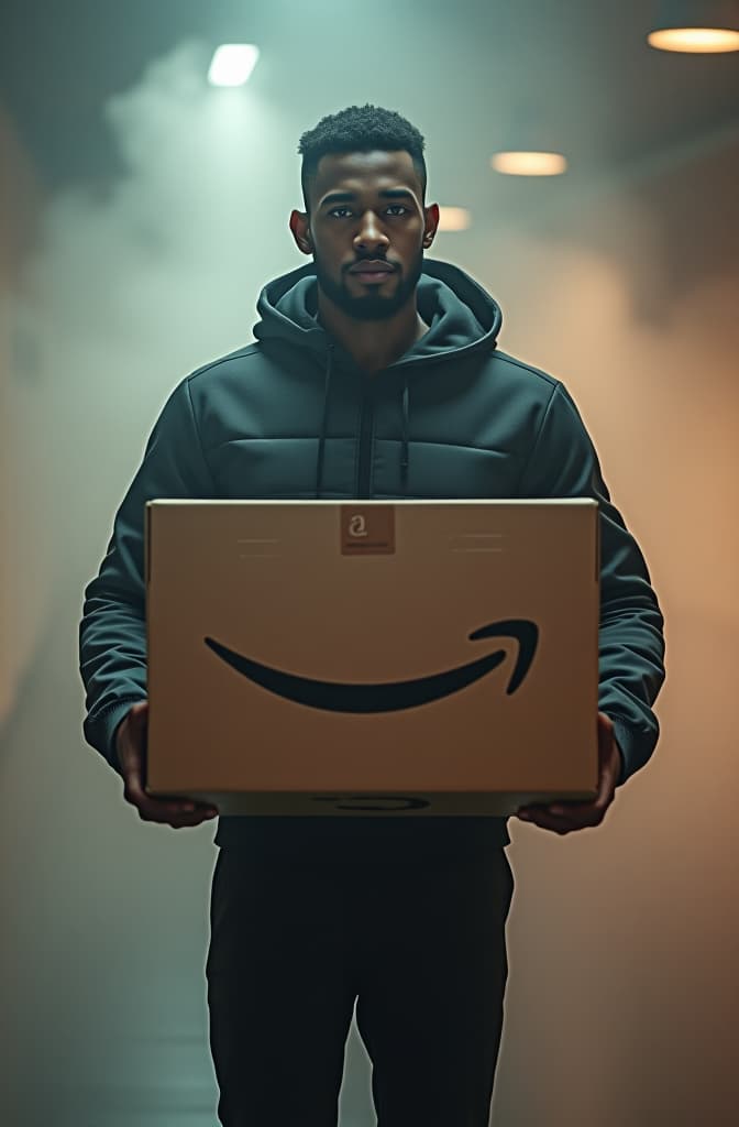  white fit guy carrying an amazon box hyperrealistic, full body, detailed clothing, highly detailed, cinematic lighting, stunningly beautiful, intricate, sharp focus, f/1. 8, 85mm, (centered image composition), (professionally color graded), ((bright soft diffused light)), volumetric fog, trending on instagram, trending on tumblr, HDR 4K, 8K