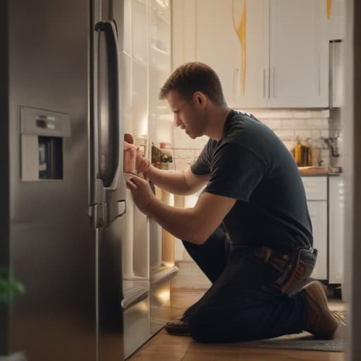 A photo of a skilled technician expertly repairing a malfunctioning refrigerator in a cozy, dimly-lit kitchen during early evening. The warm ambient light spills from a nearby pendant lamp, creating captivating shadows and highlights that accentuate the intricate repair process. Capture the moment of focus and concentration on the technician's face as they diligently work on solving the appliance issue, embodying dedication and expertise in appliance repair service.