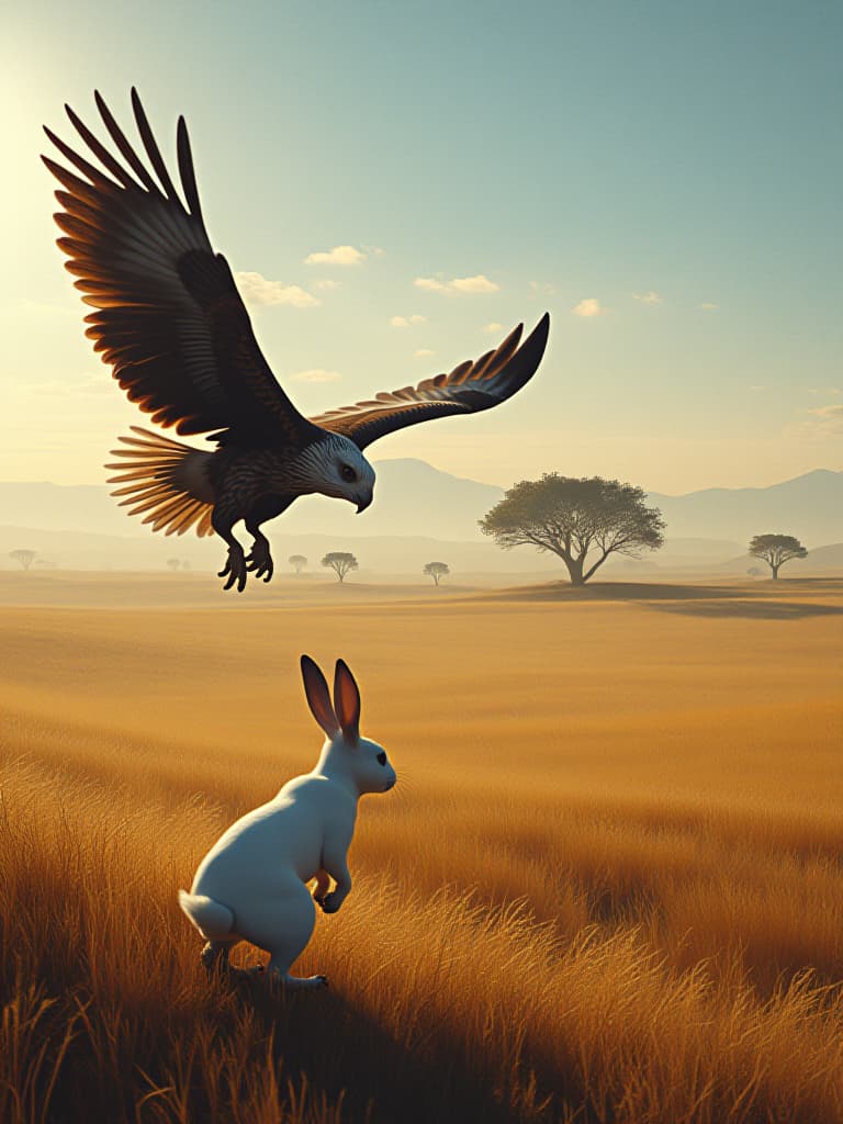  the little white rabbit was caught by an eagle. the vast steppes, the trees in the distance cast a shadow