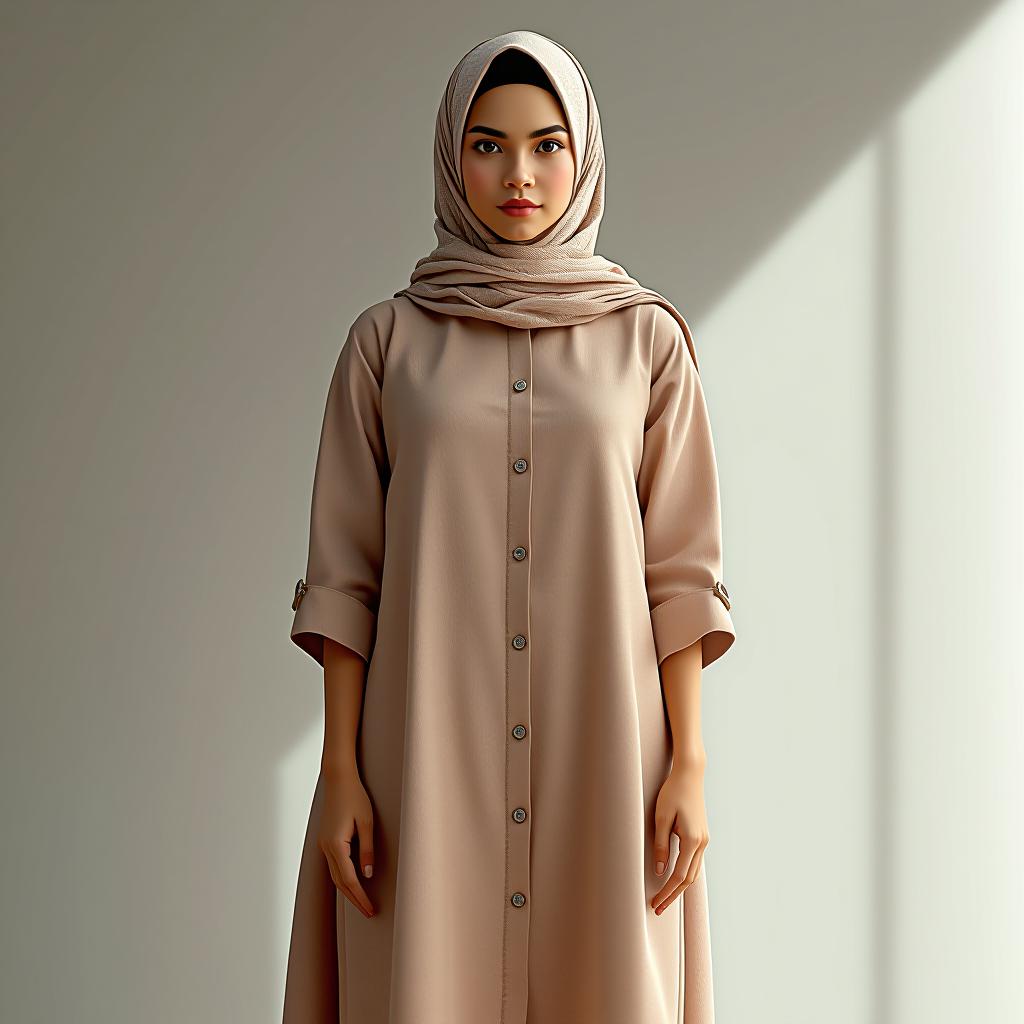  "create a modern casual hijab dress with a relaxed fit, made from breathable cotton fabric in a soft, neutral tone. the dress should be knee length with an a line silhouette and feature 3/4 sleeves with simple cuff details. include a round neckline and a front button closure for an easy, everyday look. add subtle geometric patterns for a stylish touch, and pair it with a matching lightweight cotton hijab. the design should be comfortable for daily wear while maintaining modesty and a contemporary flair."  hyperrealistic, full body, detailed clothing, highly detailed, cinematic lighting, stunningly beautiful, intricate, sharp focus, f/1. 8, 85mm, (centered image composition), (professionally color graded), ((bright soft diffused light)), volumetric fog, trending on instagram, trending on tumblr, HDR 4K, 8K