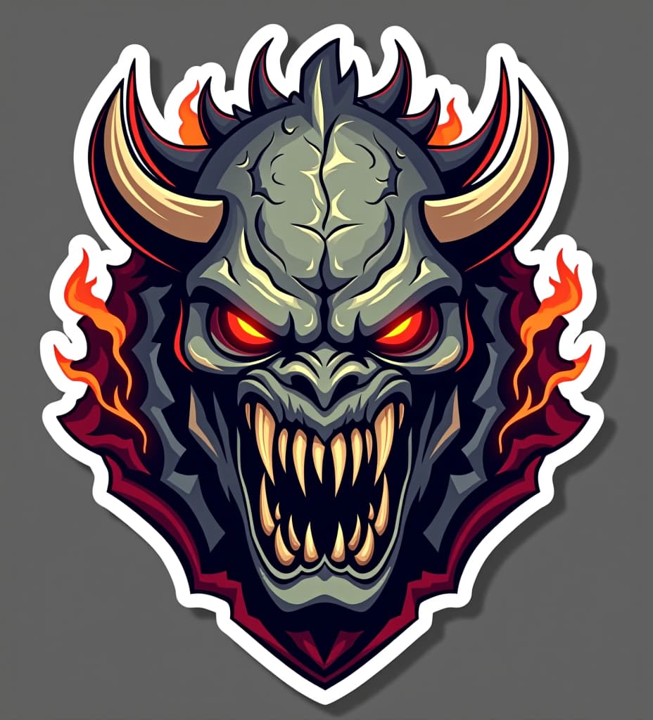  vector art stickers, the doomsday monster’s head, designed as a bust, features a broad, muscular structure with angular, intimidating features. its large, glowing red eyes create a piercing, predatory gaze. the wide, menacing grin reveals sharp, jagged teeth, adding to its fearsome appearance. the flat, broad nose and rock textured skin, marked by cracks, contribute to its battle worn, apocalyptic look. instead of horns, the head is adorned with multiple curved spikes that enhance its monstrous aspect. flames or energy effects around the head, combined with dramatic shading and highlights, give the creature a dynamic and powerful presence., professional vector design, sticker designs, sticker sheet