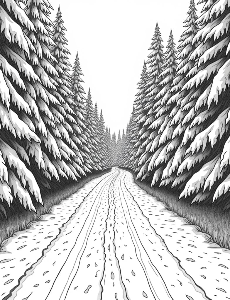  this is for an adult coloring page. a detailed black and white line art of a snowy snow covered road winding through a snowy forest on a solid white background.