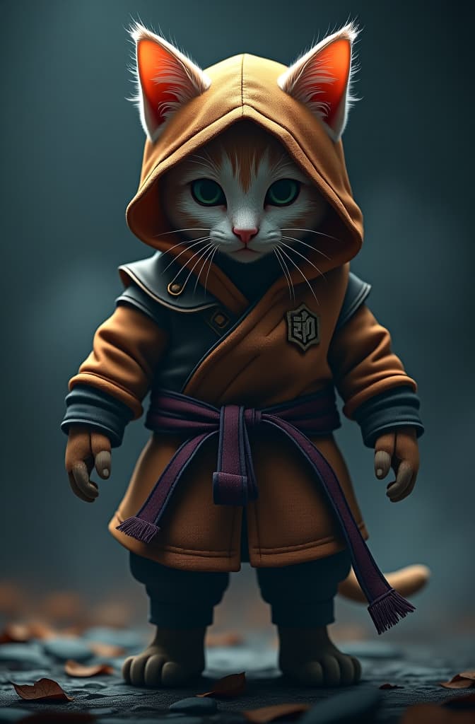  ninja cat hyperrealistic, full body, detailed clothing, highly detailed, cinematic lighting, stunningly beautiful, intricate, sharp focus, f/1. 8, 85mm, (centered image composition), (professionally color graded), ((bright soft diffused light)), volumetric fog, trending on instagram, trending on tumblr, HDR 4K, 8K