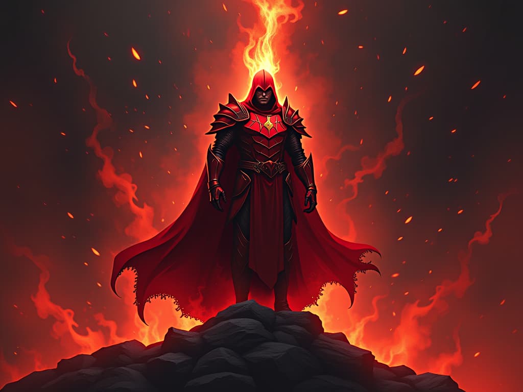  person in red armor, standing in flames, emerging stronger, mood of revelation and resolve. the style is digital art illustration / modern comic book / graphic dark novel fantasy and mysterious occult, symbolic, moody lighting, esoteric vibe,high detail on character design. for the color scheme emphasize blacks and reds.