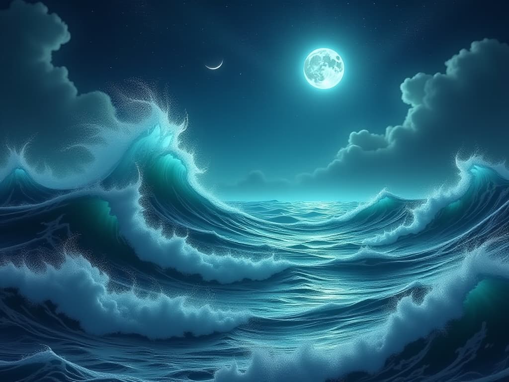  ancient, mythical sea, turbulent waves transforming into calm, tranquil waters under the soft glow of moonlight, reflecting a serene, star filled sky symbolizing alchemical transformation.. the style is digital art illustration,highly detailed, whimsical,magical, dreamlike atmosphere, realism and fantasy blend, smooth, glossy textures,luminous quality, wonder and enchantment.