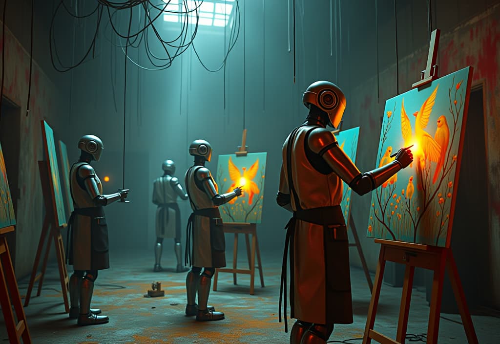  cinematic, ethereal fantasy concept art: in the heart of an abandoned art studio, a surreal ben templesmith style scene unfolds. a group of robots, metal bodies covered with aprons sprayed with paint, robots diligently create artistic masterpieces in the style of Čiurlionis (mikalojus konstantinas ciurlionis); thanks to cinematic surround lighting, creating an unearthly glow, robots carefully paint on canvases many bright birds in cages, the paintings radiate a sense of an otherworldly miracle among the fading former splendor of the gallery. tangled wires hang from the ceiling serve as a counterpoint to the skill of robots hinting at a destroyed world, among the bright colors in the air hovers a sense of nostalgia and longing. the work of  hyperrealistic, full body, detailed clothing, highly detailed, cinematic lighting, stunningly beautiful, intricate, sharp focus, f/1. 8, 85mm, (centered image composition), (professionally color graded), ((bright soft diffused light)), volumetric fog, trending on instagram, trending on tumblr, HDR 4K, 8K