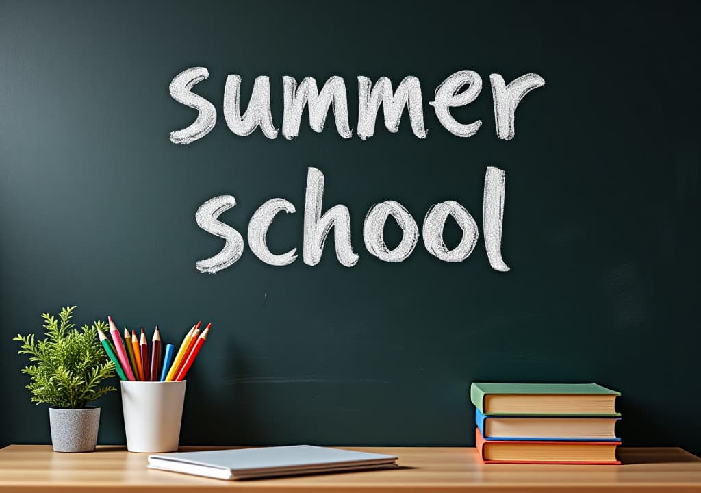  chalkboard with text "summer school" written in chalk school supplies on desk