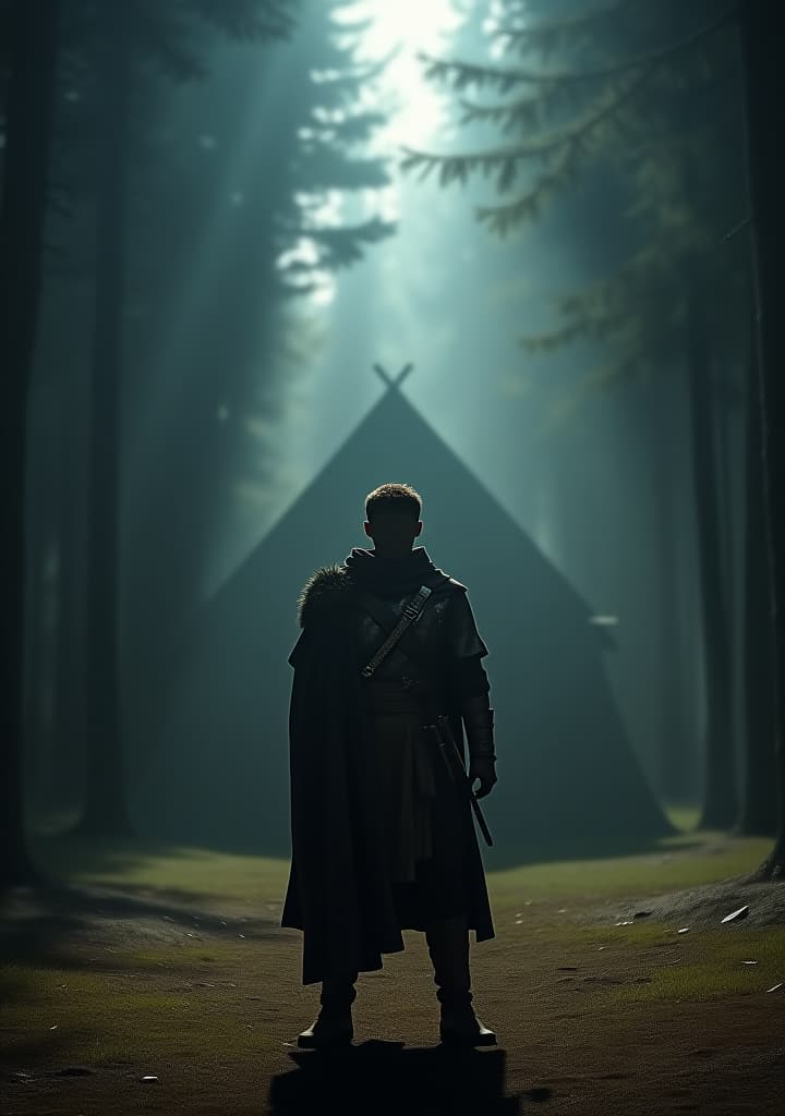  a young warrior named thiago standing in front of a dark, mysterious camp, surrounded by tall trees and shadows. hyperrealistic, full body, detailed clothing, highly detailed, cinematic lighting, stunningly beautiful, intricate, sharp focus, f/1. 8, 85mm, (centered image composition), (professionally color graded), ((bright soft diffused light)), volumetric fog, trending on instagram, trending on tumblr, HDR 4K, 8K