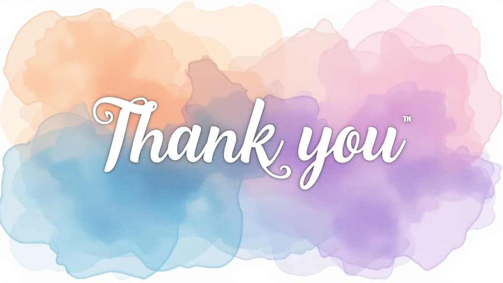  abstract watercolor in pastel peach, light blue, and lilac. "thank you" in modern white sans serif font stands out in the center, with light swirling edges.