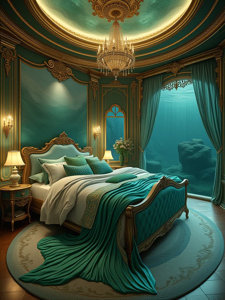  a luxurious mermaid mansion bedroom in the deep sea. the house is round li and big metallic green and gold ver shiny . with mermaid luxurious bed that shaped like a mermaid tale