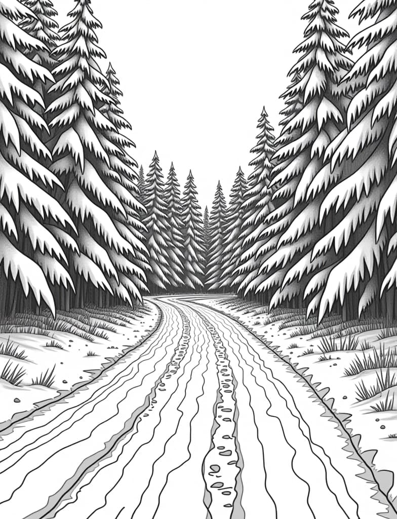  this is for an adult coloring page. a detailed black and white line art of a snowy snow covered road winding through a snowy forest on a solid white background.