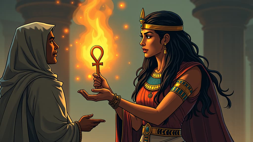  a comic book style draw of an ancient goddess offering a glowing ankh to a person, sense of audacity and reward, atmosphere of being unapologetically oneself. the style is digital art illustration / modern comic book / mysterious occult, symbolic, esoteric vibe,high detail on character design, incorporating ancient egyptian symbology and attire. hyperrealistic, full body, detailed clothing, highly detailed, cinematic lighting, stunningly beautiful, intricate, sharp focus, f/1. 8, 85mm, (centered image composition), (professionally color graded), ((bright soft diffused light)), volumetric fog, trending on instagram, trending on tumblr, HDR 4K, 8K