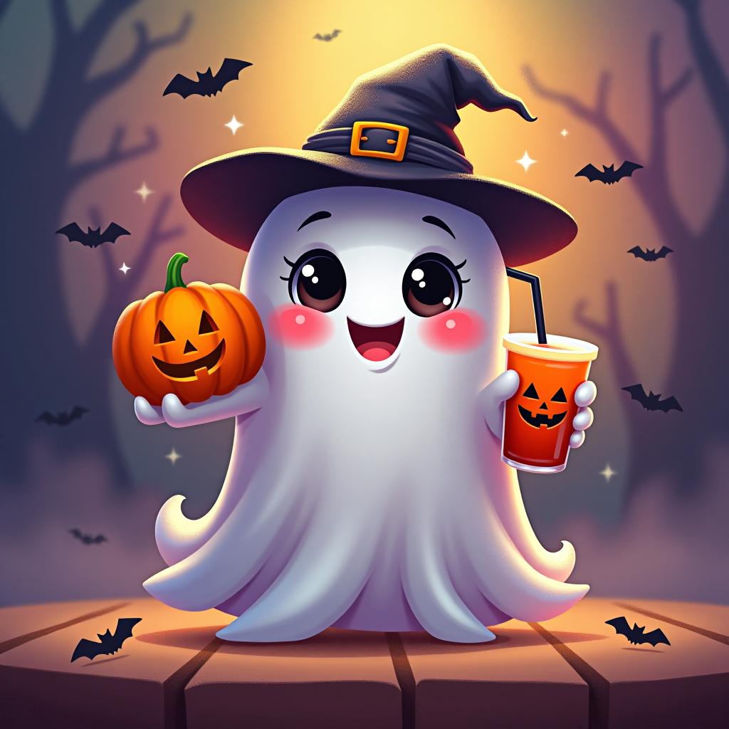  create a digital painting featuring a cute ghost character. the ghost should be wearing a hat. in one hand, the ghost should hold a pumpkin with a carved face, and in the other hand, a halloween themed drink. the background should be colorfull and include small black bats and stars to add a playful halloween touch. the overall style should be cute, whimsical, and colorful hyperrealistic, full body, detailed clothing, highly detailed, cinematic lighting, stunningly beautiful, intricate, sharp focus, f/1. 8, 85mm, (centered image composition), (professionally color graded), ((bright soft diffused light)), volumetric fog, trending on instagram, trending on tumblr, HDR 4K, 8K