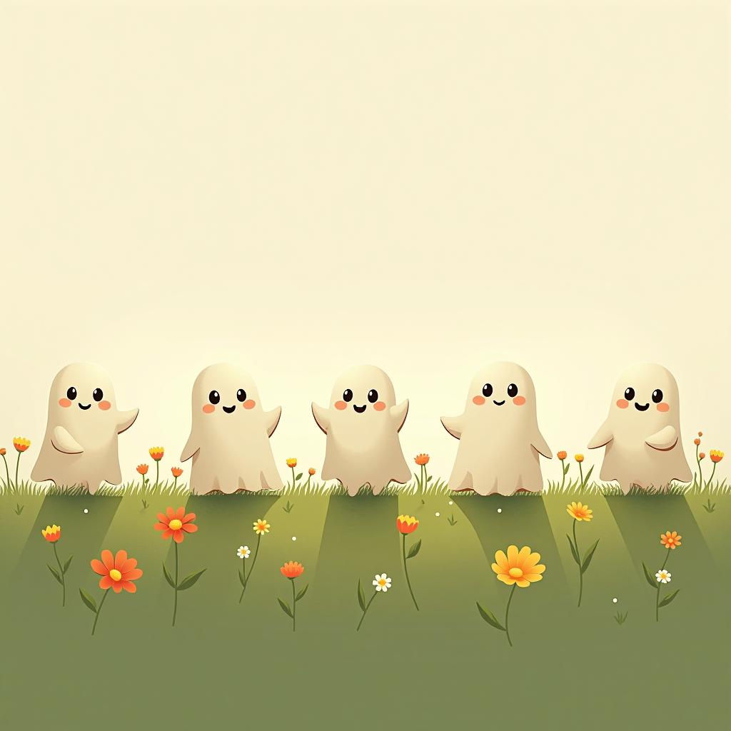  create a digital illustration featuring a row of four or five cute, cartoonish ghost characters, each with a different appearance, standing in different positions within sparse, life like wildflowers.