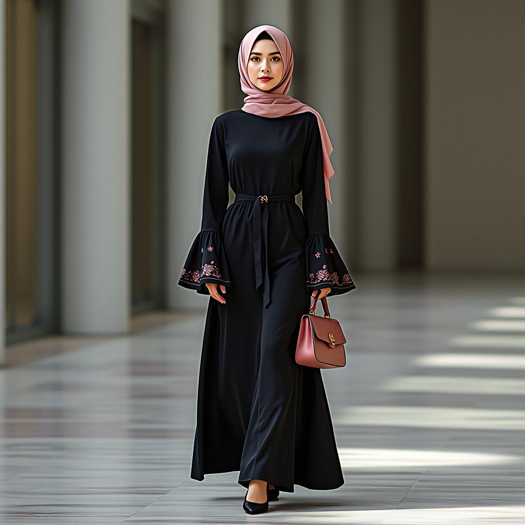  "generate a modern abaya outfit with a twist, using a loose fitting black abaya with bell sleeves and subtle floral embroidery in pastel pink along the cuffs and hem. pair it with a chiffon hijab in a complementary dusty rose color, wrapped in a neat under chin style. the abaya should feature a cinched waist with a detachable belt for a tailored look. add pointed toe flats and a matching handbag for an elegant yet modern feel." hyperrealistic, full body, detailed clothing, highly detailed, cinematic lighting, stunningly beautiful, intricate, sharp focus, f/1. 8, 85mm, (centered image composition), (professionally color graded), ((bright soft diffused light)), volumetric fog, trending on instagram, trending on tumblr, HDR 4K, 8K