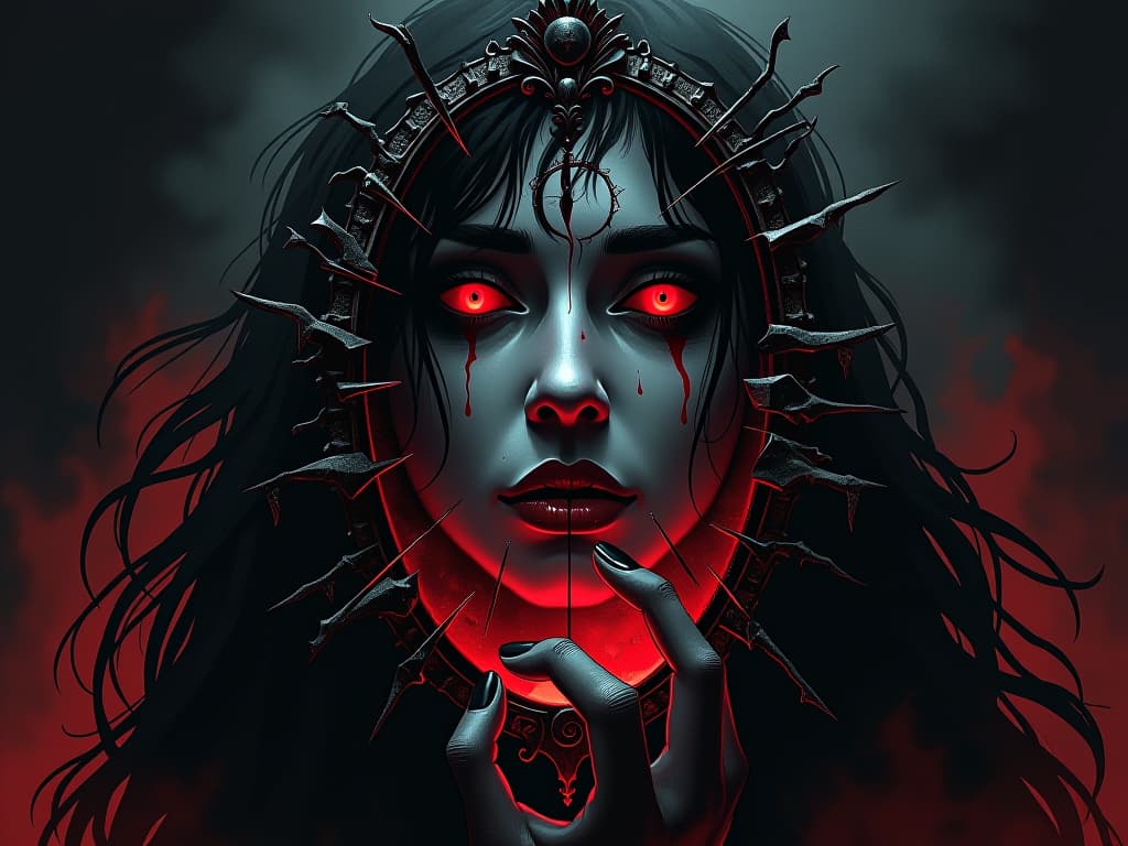  fragmented mirror, reflecting a shattered face, surrounded by darkness, aura of broken relationships. the style is digital art illustration / modern comic book / graphic dark novel fantasy and mysterious occult, symbolic, moody lighting, esoteric vibe,high detail on character design. for the color scheme emphasize blacks and reds.