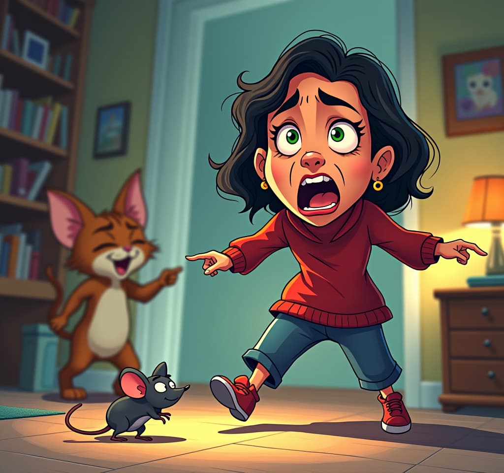  concept art (humorous illustration, double exposure:1.3). a very frightened woman being chased by a small mouse. (in the background, the cat laughs maliciously, smirks and points at the woman with his finger:1.5). home environment. exaggerated facial expressions and movements, body language, bright colors, cartoon style, comic book style. . digital artwork, illustrative, painterly, matte painting, highly detailed hyperrealistic, full body, detailed clothing, highly detailed, cinematic lighting, stunningly beautiful, intricate, sharp focus, f/1. 8, 85mm, (centered image composition), (professionally color graded), ((bright soft diffused light)), volumetric fog, trending on instagram, trending on tumblr, HDR 4K, 8K